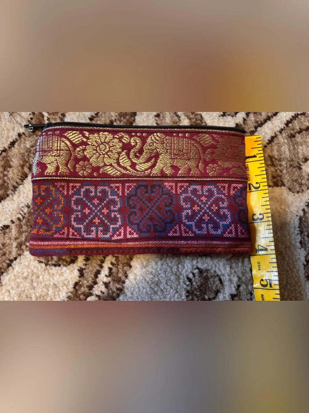 Handwoven Maroon and Gold Ethnic Zip Pouch
